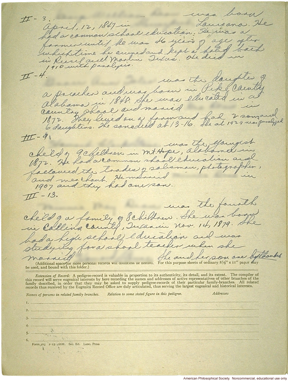 Student report and Eugenics Record Office  Family Tree Folder on &quote;sinisterity&quote; (left-handedness)