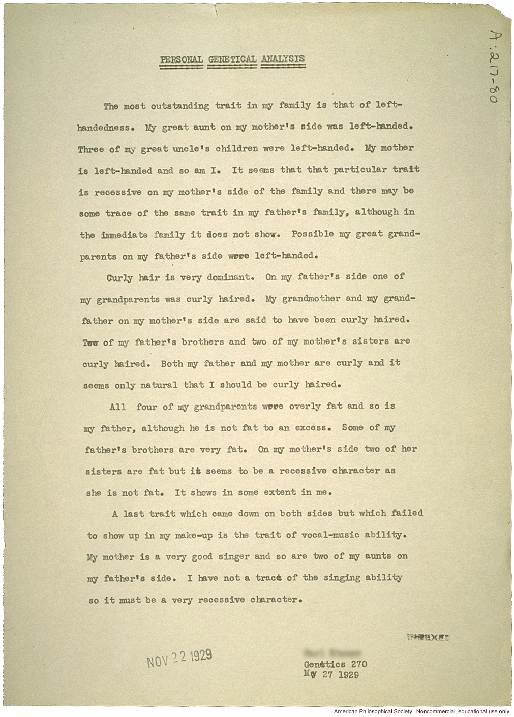 Student report and Eugenics Record Office  Family Tree Folder on &quote;sinisterity&quote; (left-handedness)