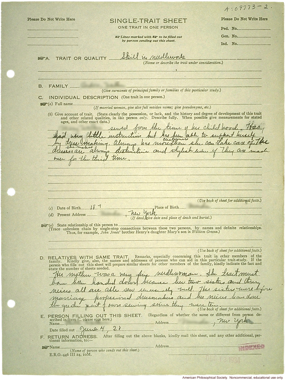 &quote;Single-trait sheet: Skill in needlework&quote;