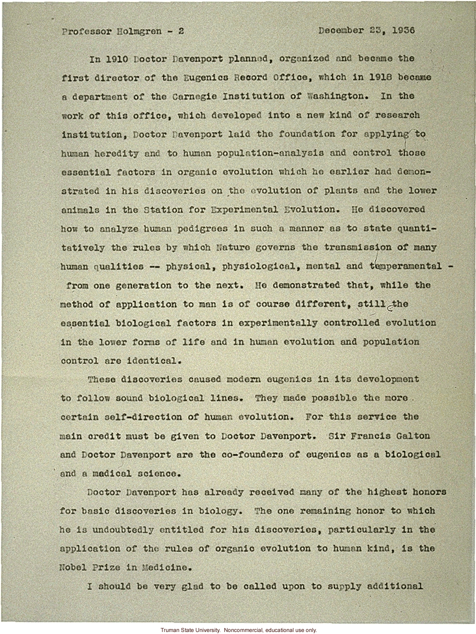 H. Laughlin's letter to C. Holmgren recommending C. Davenport for Nobel Prize