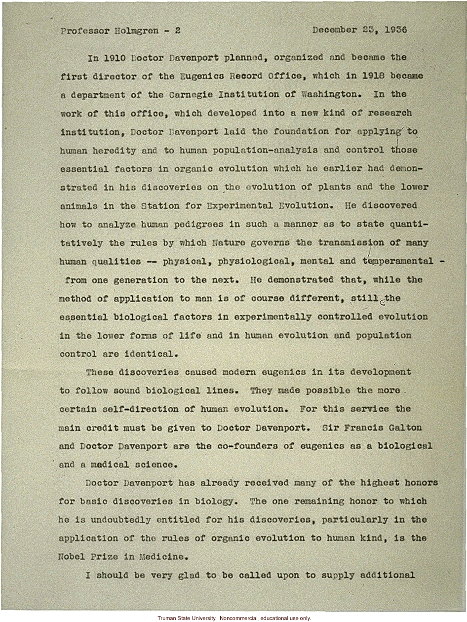 H. Laughlin's letter to C. Holmgren recommending C. Davenport for Nobel Prize