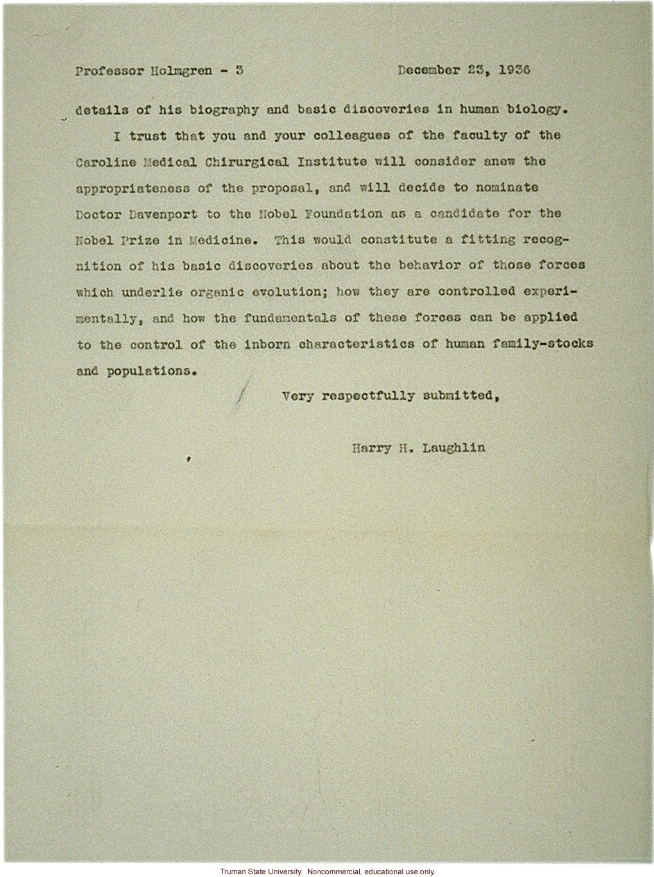 H. Laughlin's letter to C. Holmgren recommending C. Davenport for Nobel Prize