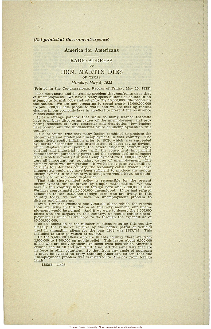 &quote;America for Americans: Radio address of Hon. Martin Dies of Texas,&quote; May 6, 1935, about deportation