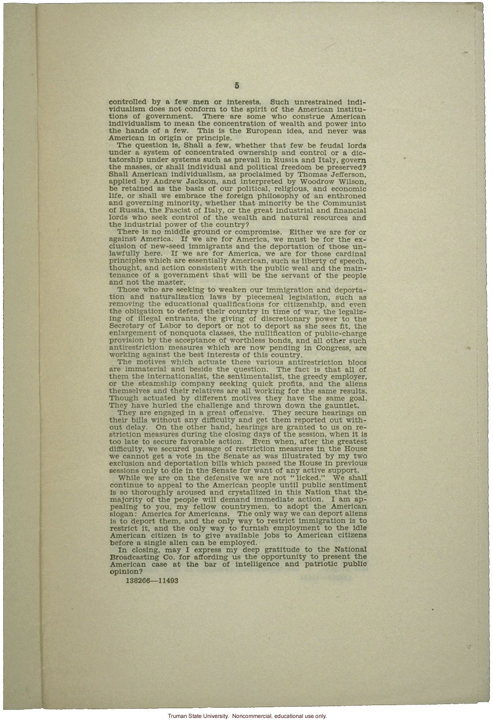 &quote;America for Americans: Radio address of Hon. Martin Dies of Texas,&quote; May 6, 1935, about deportation