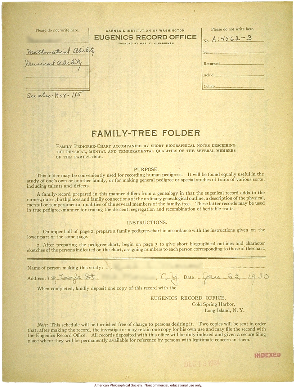 Family tree folder recording inheritance of mathematical and musical ability