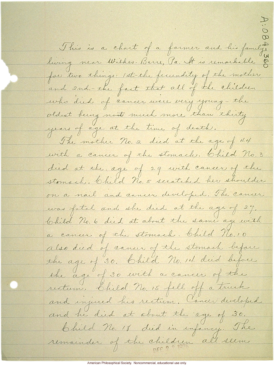 &quote;A family with cancer. Mother and six children died of cancer,&quote; pedigree and family history of stomach cancer