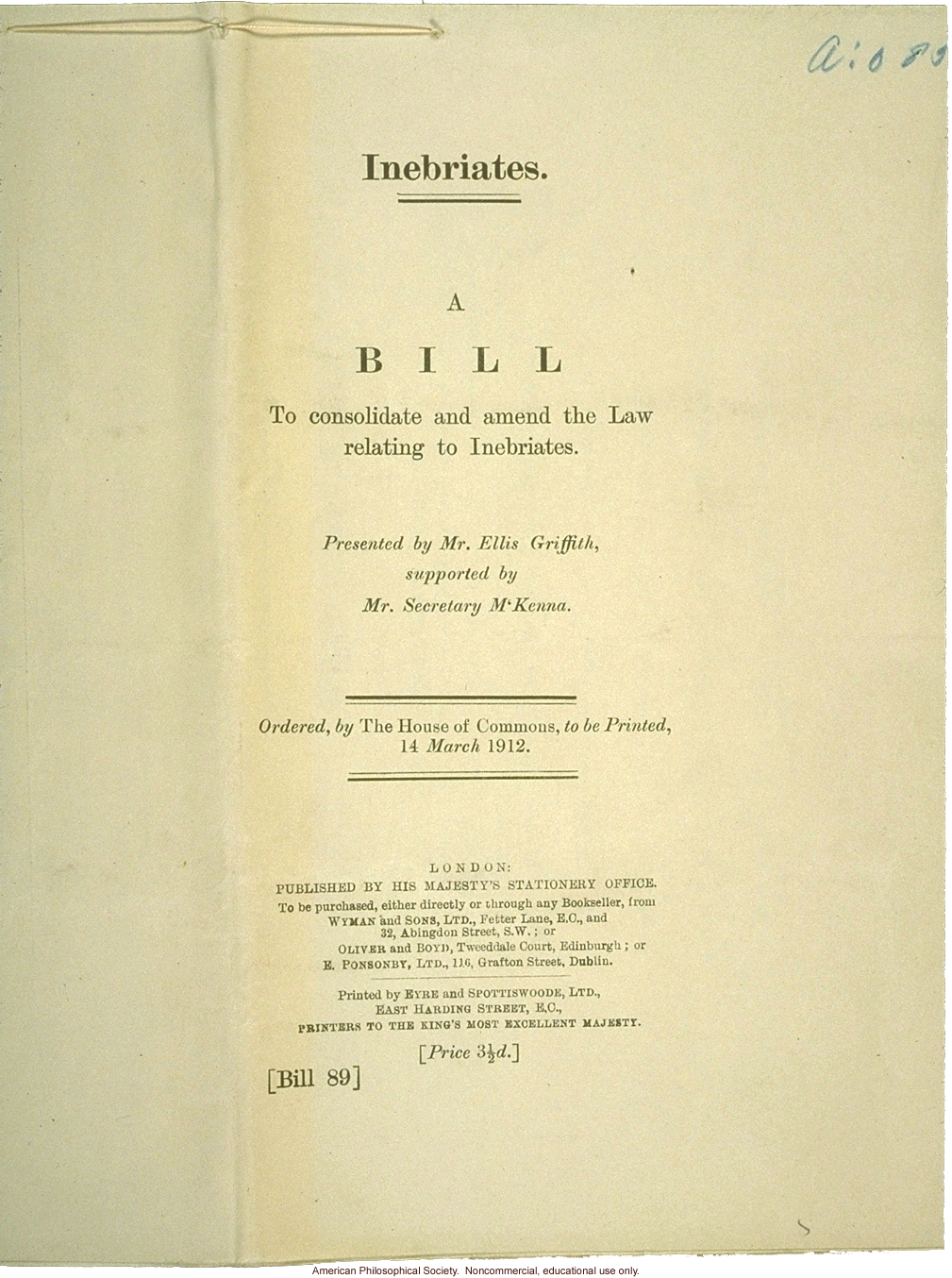 British House of Commons Bill on Inebriates, inscribed to H. Laughlin