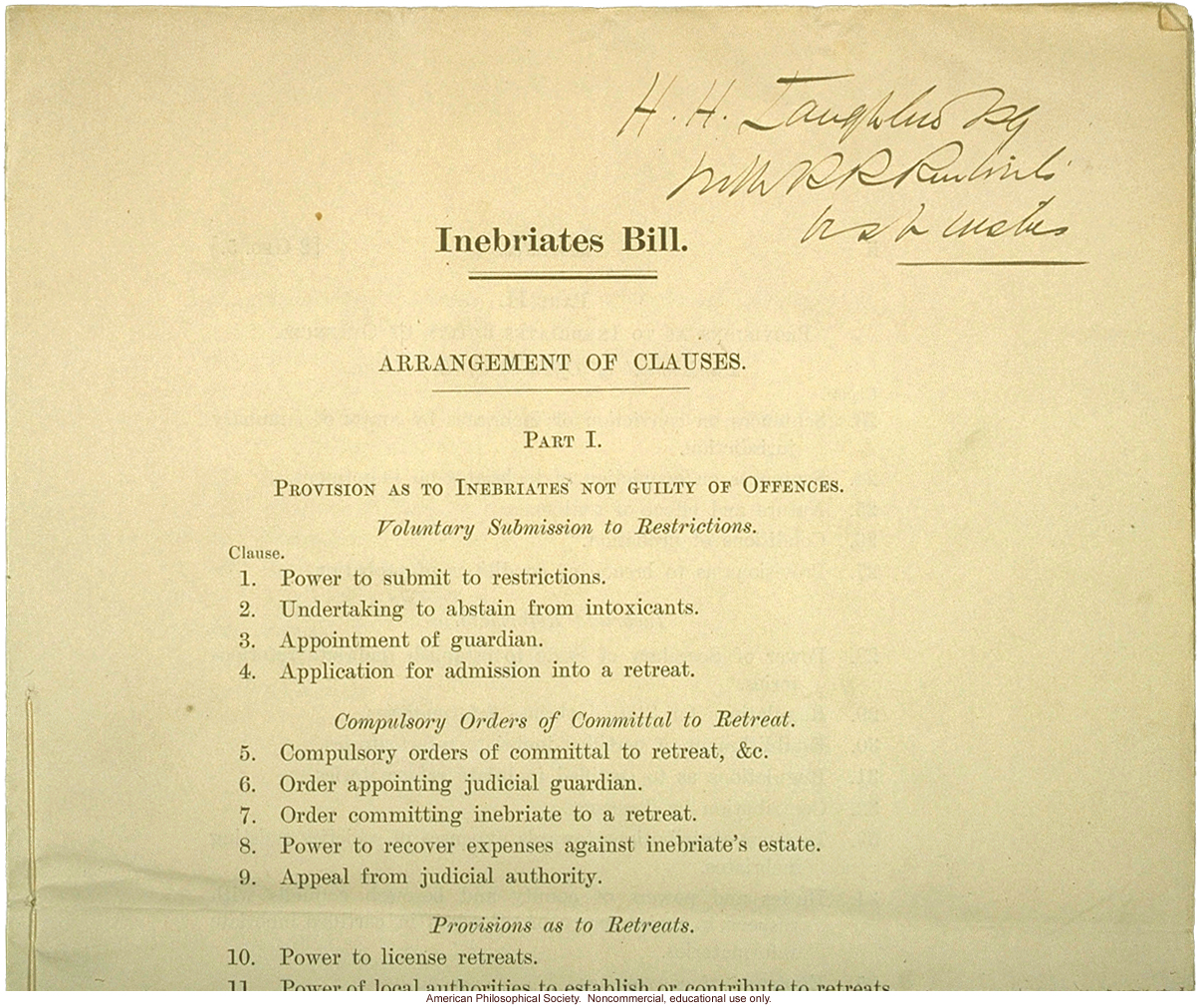British House of Commons Bill on Inebriates, inscribed to H. Laughlin