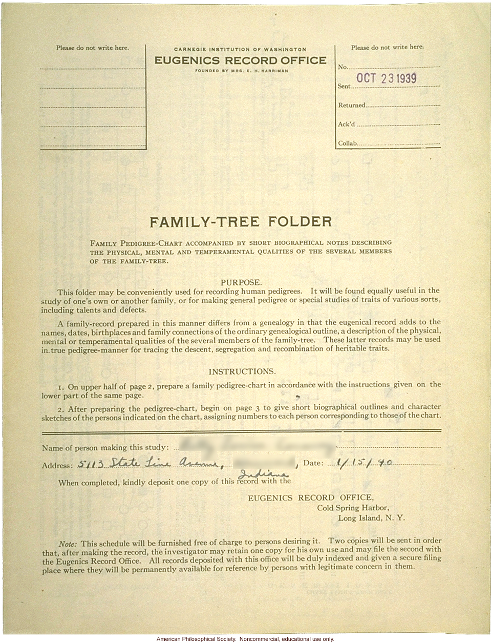 Family-tree folder recording inheritance of allergies, longevity, civic leadership, and other traits