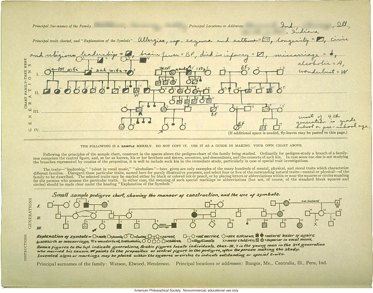 Family-tree folder recording inheritance of allergies, longevity, civic leadership, and other traits