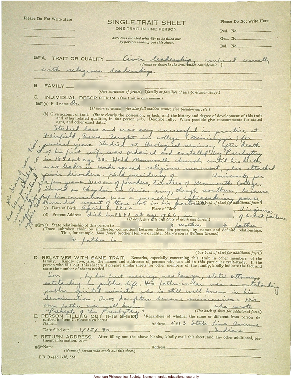 Single-trait sheet recording inheritance of &quote;civic leadership, combined with religious leadership&quote;