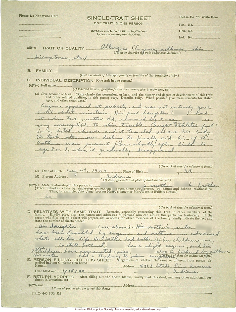 Single-trait sheet recording inheritance of &quote;allergies (eczema, asthma, skin disruptions, etc.)&quote;