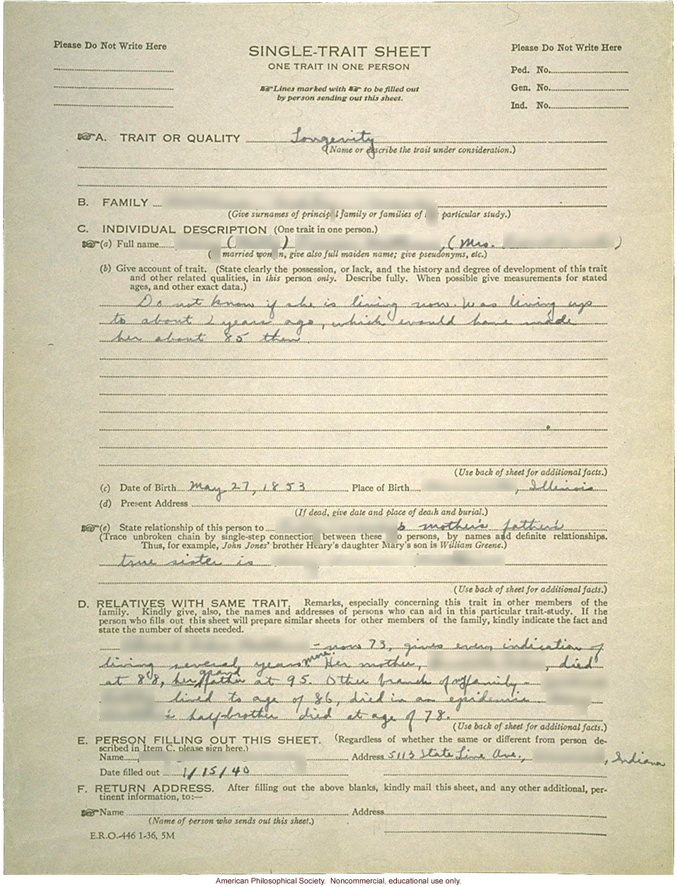 Single-trait sheet recording inheritance of longevity