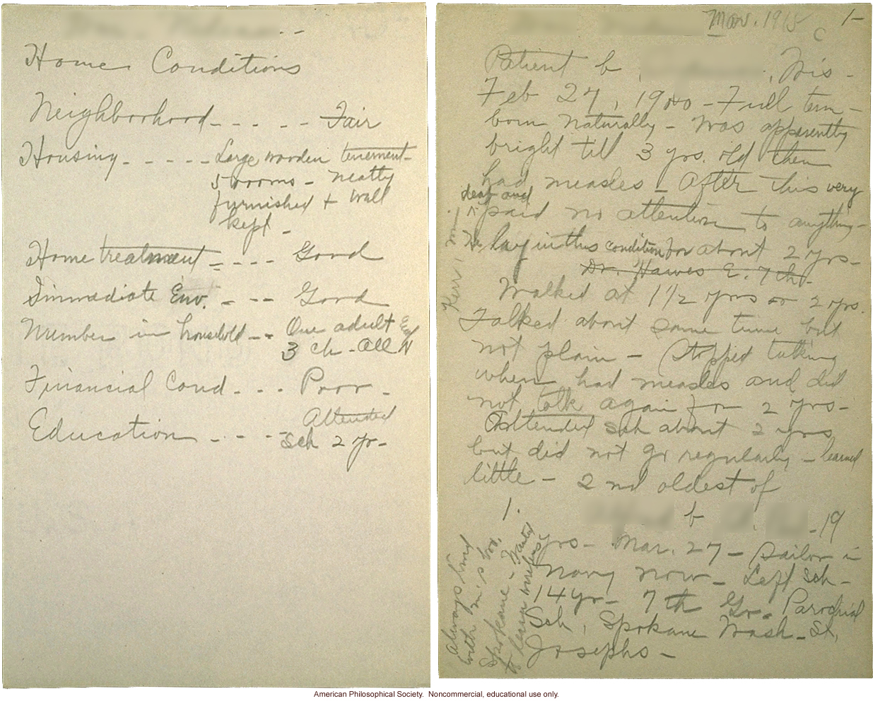 &quote;Data collected by Miss Devitt, May and Nov. 1915,&quote; Eugenics Records Office fieldworker