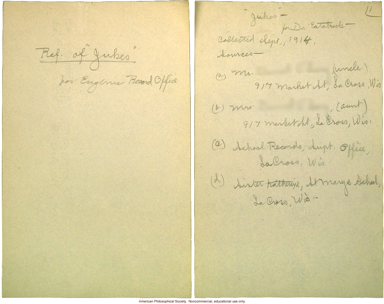 &quote;Jukes: Information  collected by M. T. Curial&quote; for A.H. Estabrook on Wisconsin branch of the Jukes family