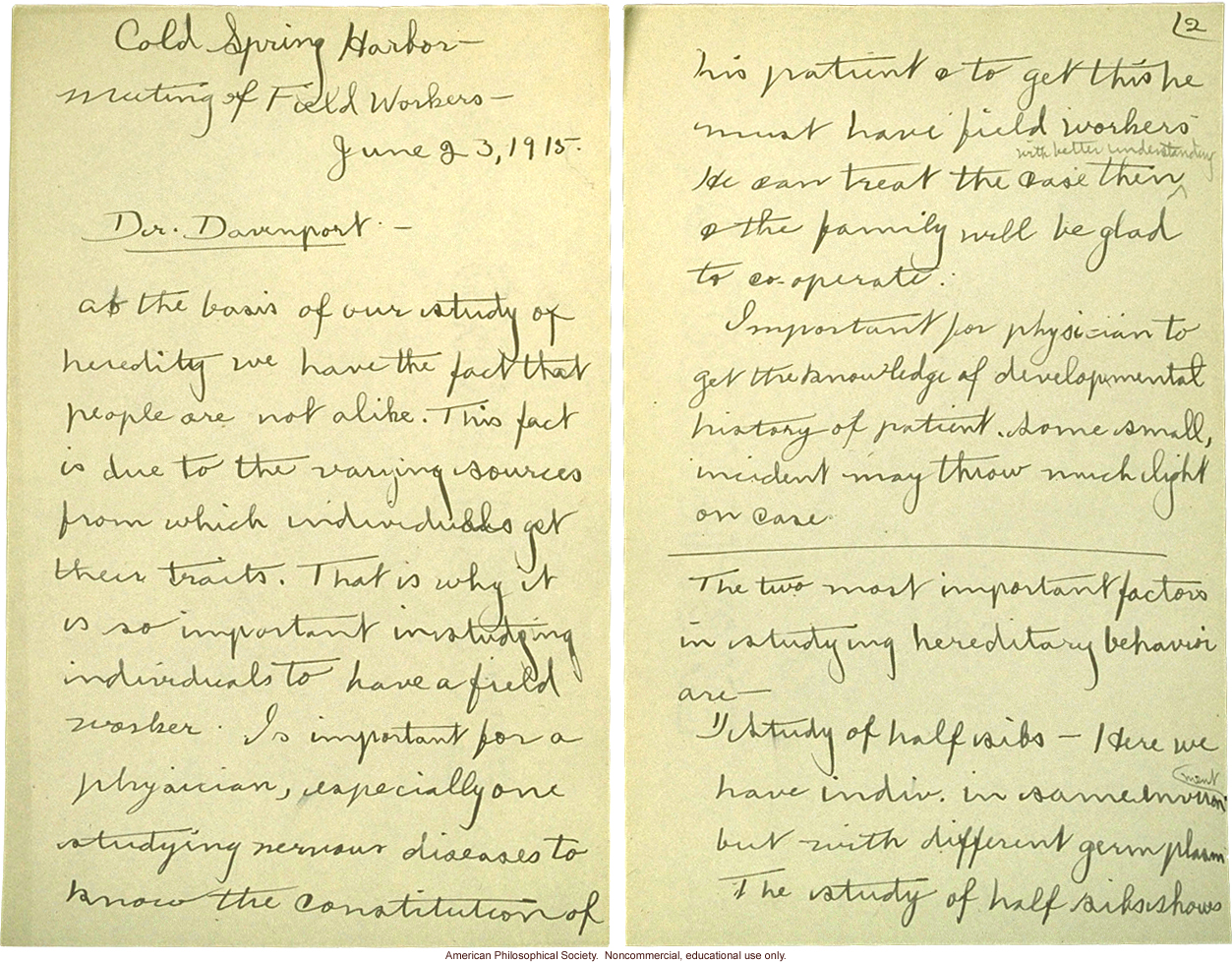 &quote;Cold Spring Harbor: Meeting of Field Workers, June 23, 1915,&quote; notes including comments by C. Davenport, H. Laughlin, and A Rosanoff