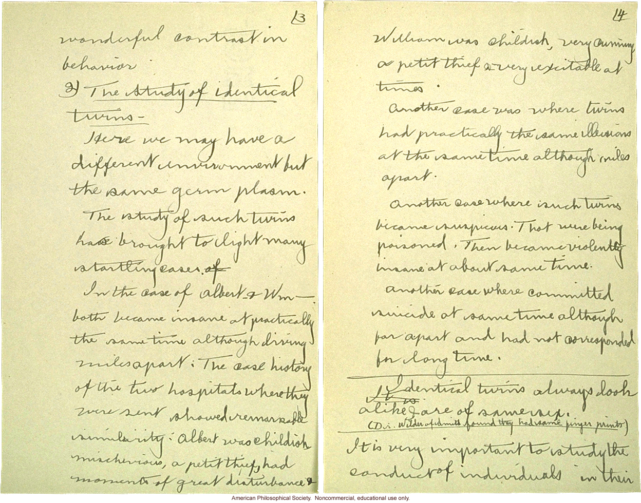 &quote;Cold Spring Harbor: Meeting of Field Workers, June 23, 1915,&quote; notes including comments by C. Davenport, H. Laughlin, and A Rosanoff