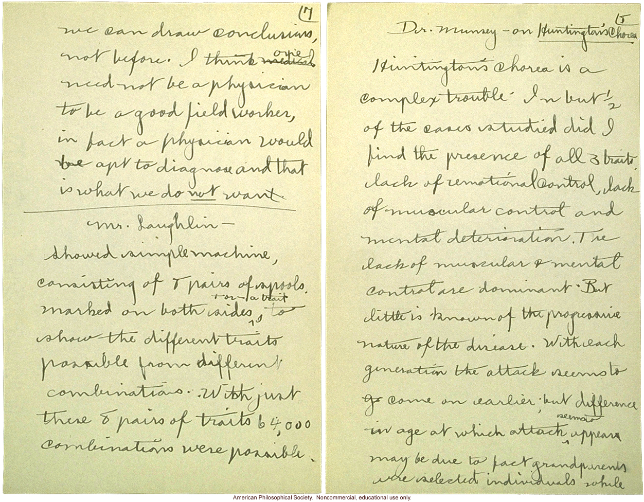 &quote;Cold Spring Harbor: Meeting of Field Workers, June 23, 1915,&quote; notes including comments by C. Davenport, H. Laughlin, and A Rosanoff