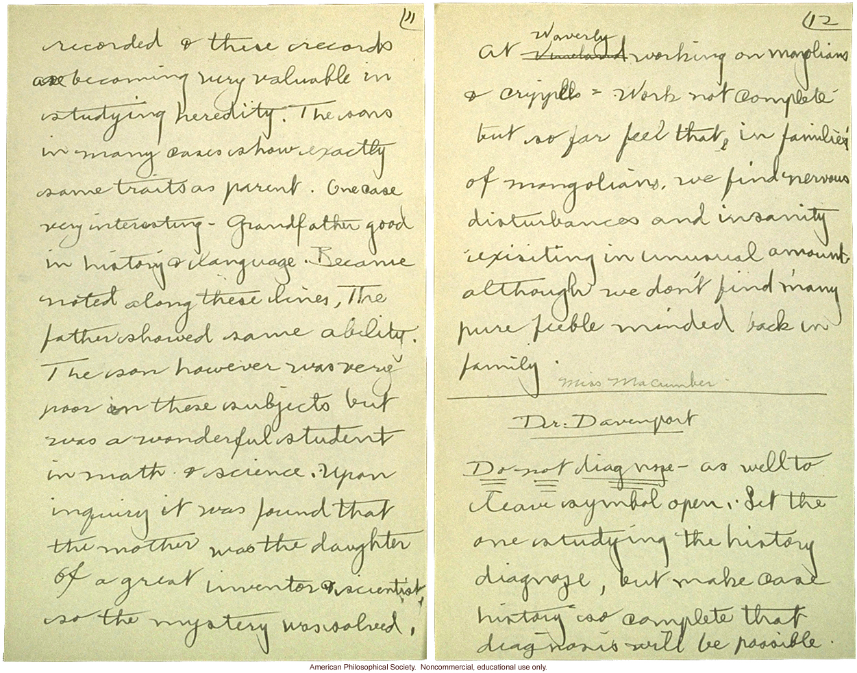 &quote;Cold Spring Harbor: Meeting of Field Workers, June 23, 1915,&quote; notes including comments by C. Davenport, H. Laughlin, and A Rosanoff