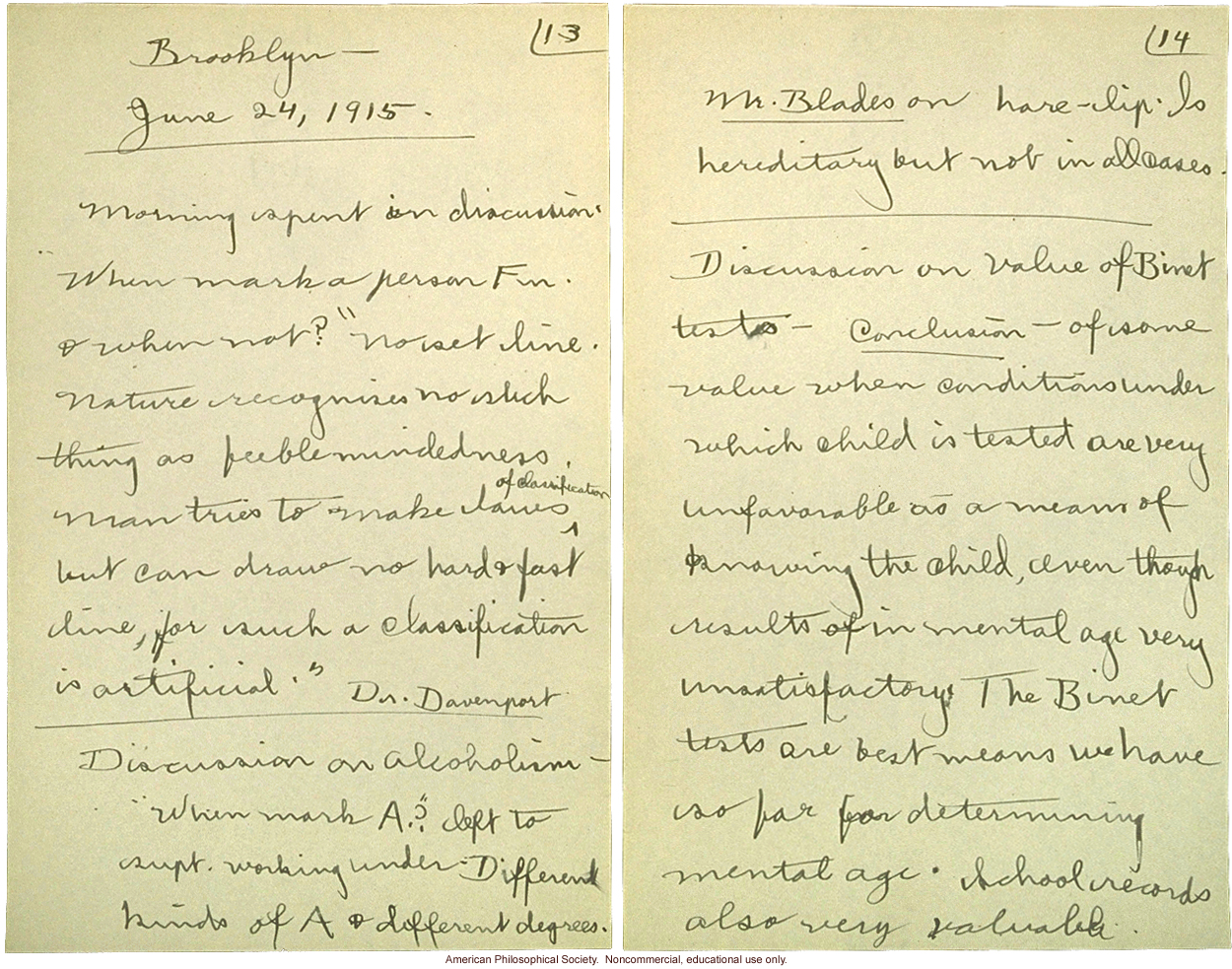 &quote;Cold Spring Harbor: Meeting of Field Workers, June 23, 1915,&quote; notes including comments by C. Davenport, H. Laughlin, and A Rosanoff