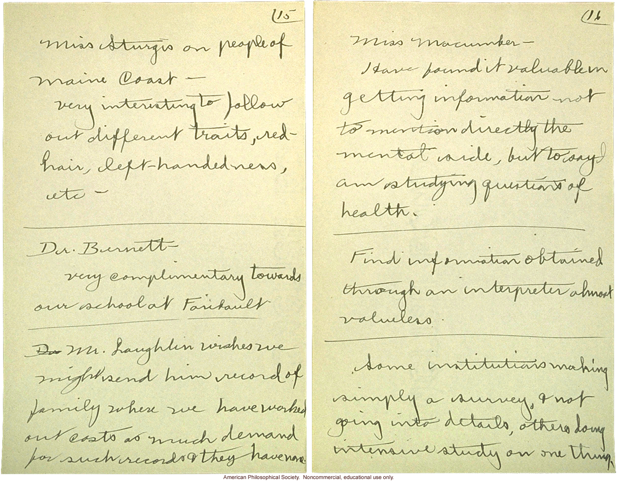 &quote;Cold Spring Harbor: Meeting of Field Workers, June 23, 1915,&quote; notes including comments by C. Davenport, H. Laughlin, and A Rosanoff