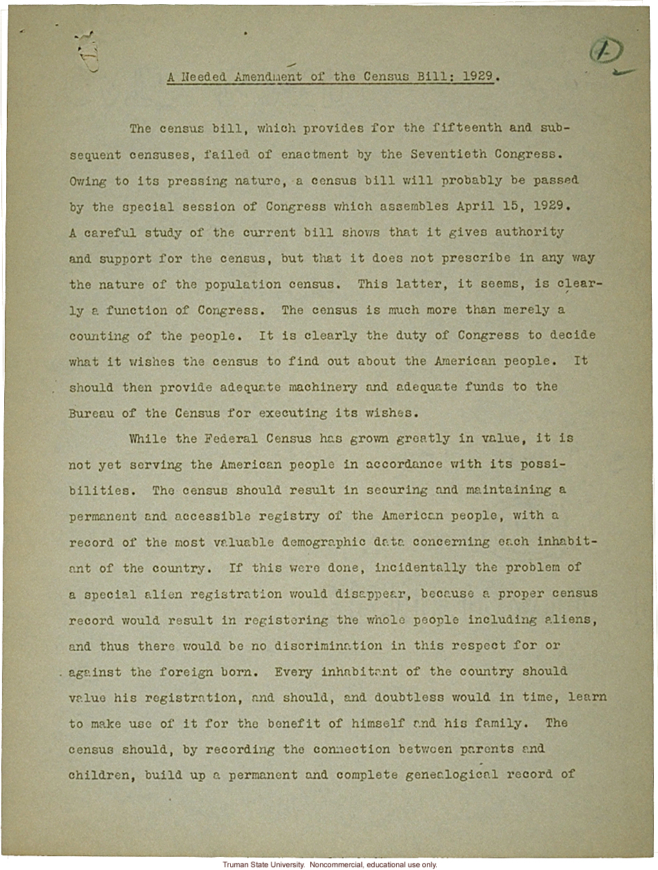 H. Laughlin document to Hon. L. Douglas, &quote;A needed amendment to Census Bill: 1929&quote;