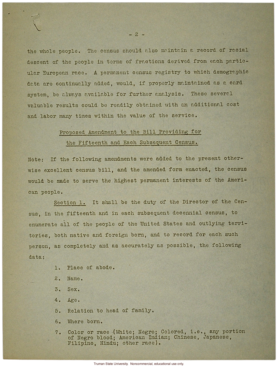 H. Laughlin document to Hon. L. Douglas, &quote;A needed amendment to Census Bill: 1929&quote;
