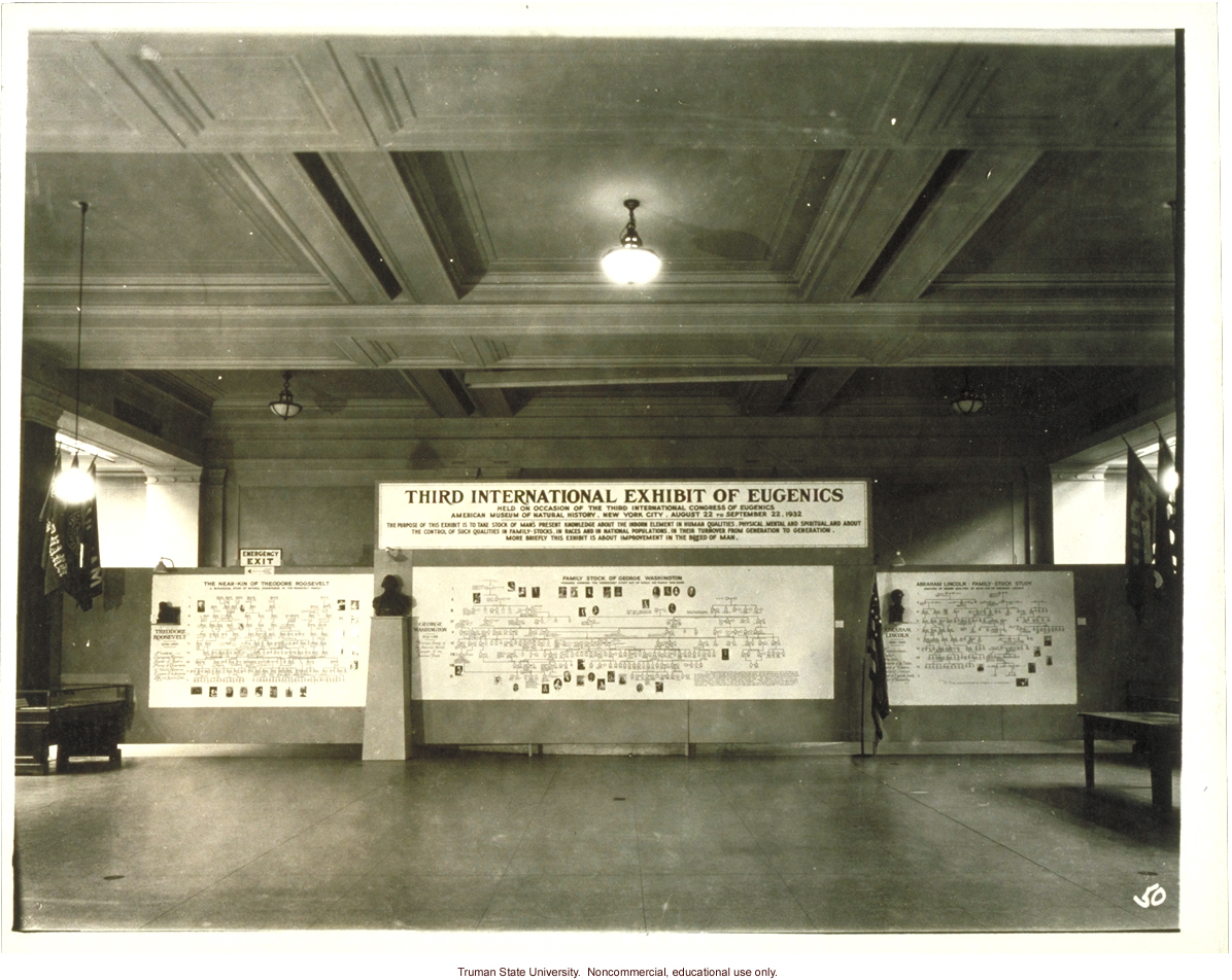 General view of pedigree exhibit on T. Roosevelt, G. Washington, A. Lincoln, 3rd International Eugenics Conference