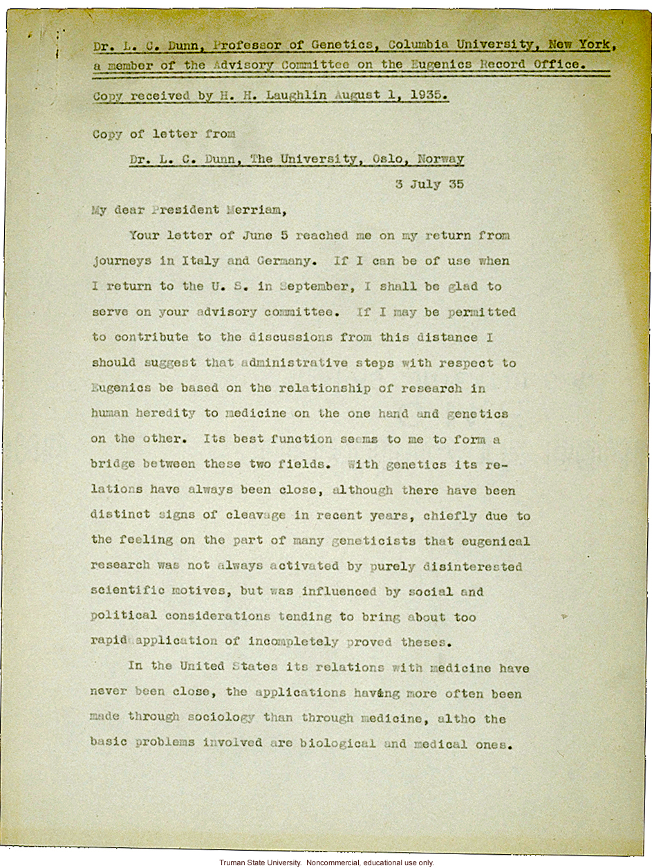 L.C. Dunn letter to President Merriam, about eugenics in the U. S. and in Germany
