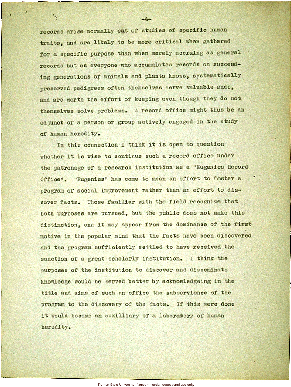 L.C. Dunn letter to President Merriam, about eugenics in the U. S. and in Germany