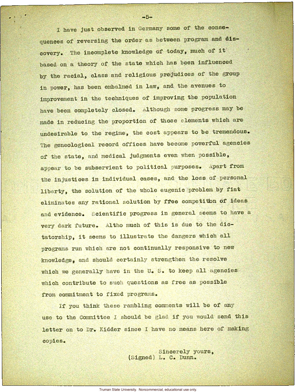 L.C. Dunn letter to President Merriam, about eugenics in the U. S. and in Germany