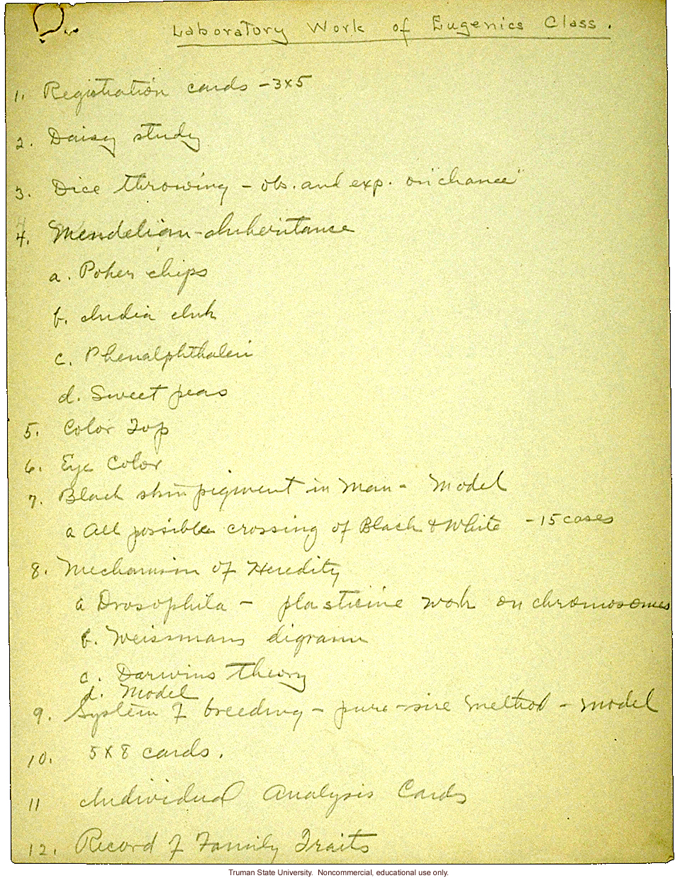 &quote;Laboratory work of eugenics class,&quote; field worker notes