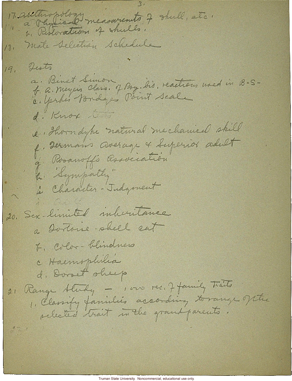 &quote;Laboratory work of eugenics class,&quote; field worker notes