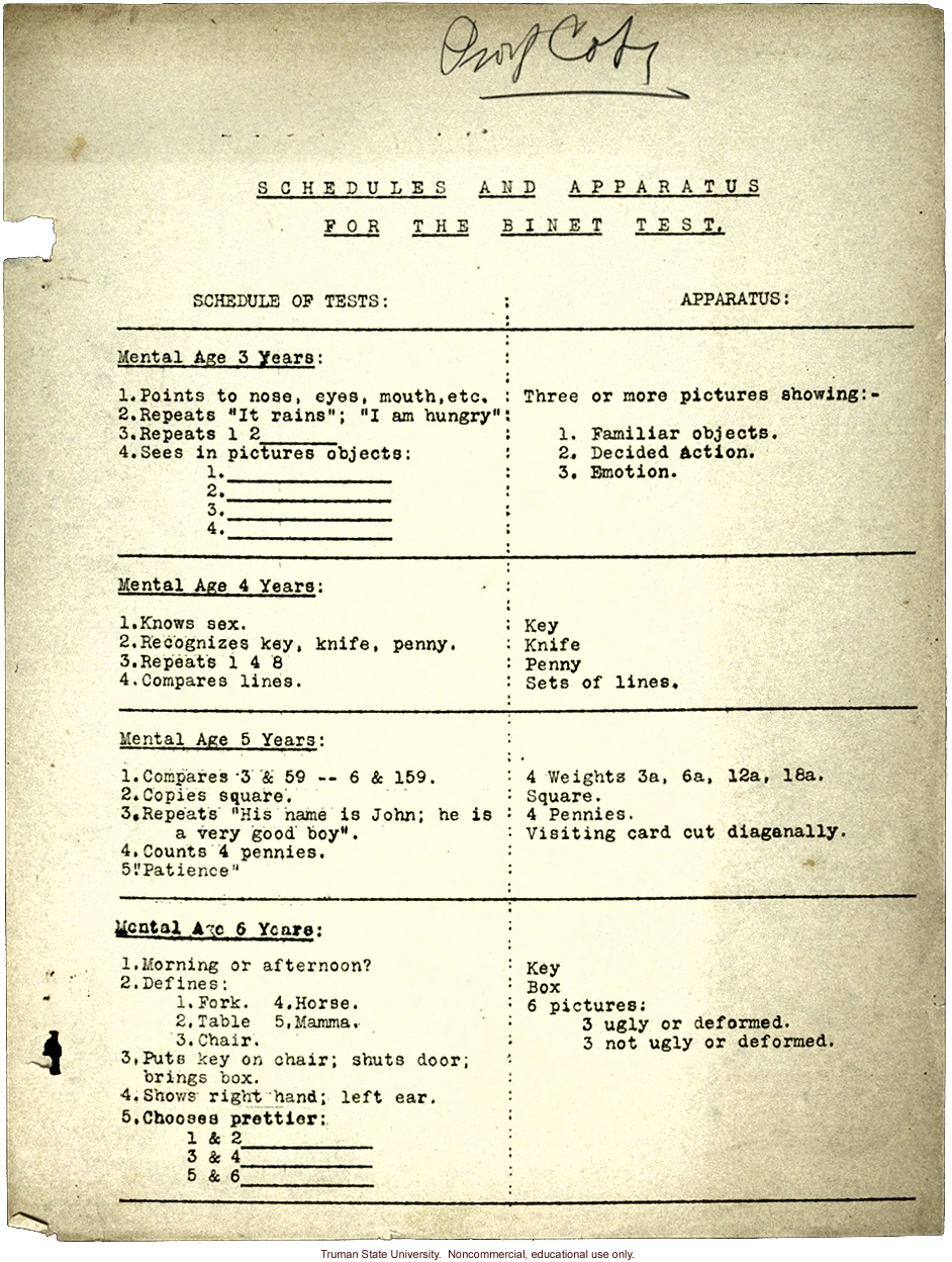 &quote;Schedule and apparatus for Binet test&quote;