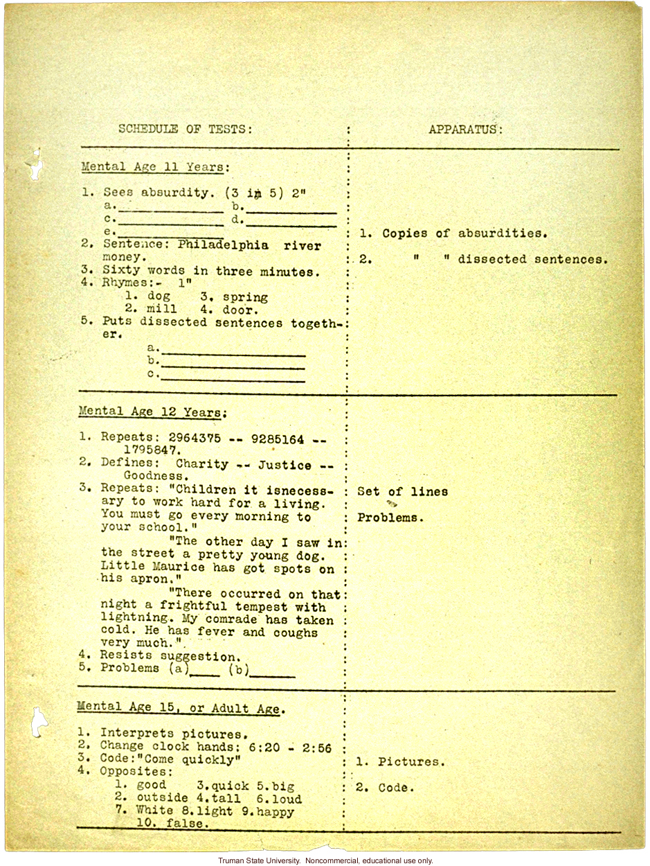 &quote;Schedule and apparatus for Binet test&quote;