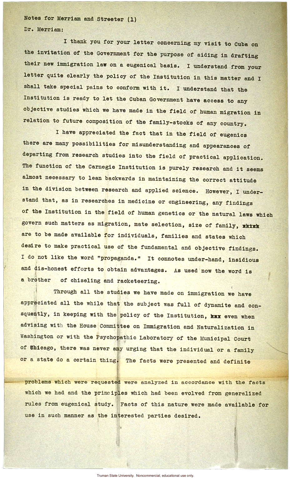 H. Laughlin draft of letter to Carniegie Insitution of Washington President J.C. Merriam, defending his lobbying for immigration restriction in Cuba 