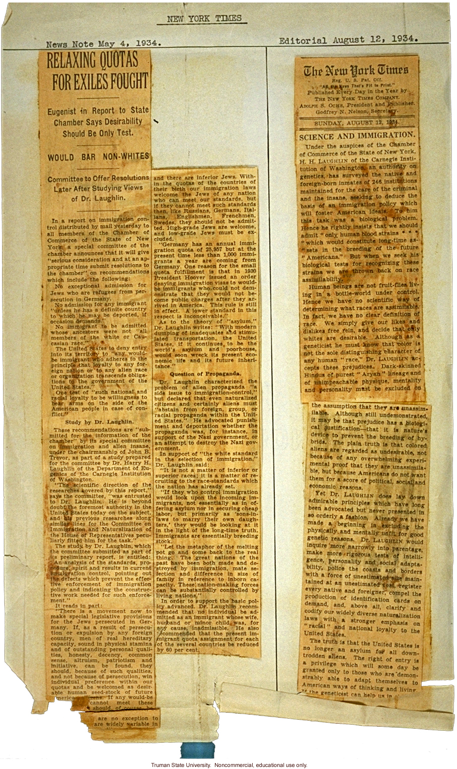 &quote;Relaxing quotas for exiles fought&quote; and &quote;Science and immgration,&quote; New York Times, May 4 and August 12, 1934 (Laughlin against exemptions for Jews)