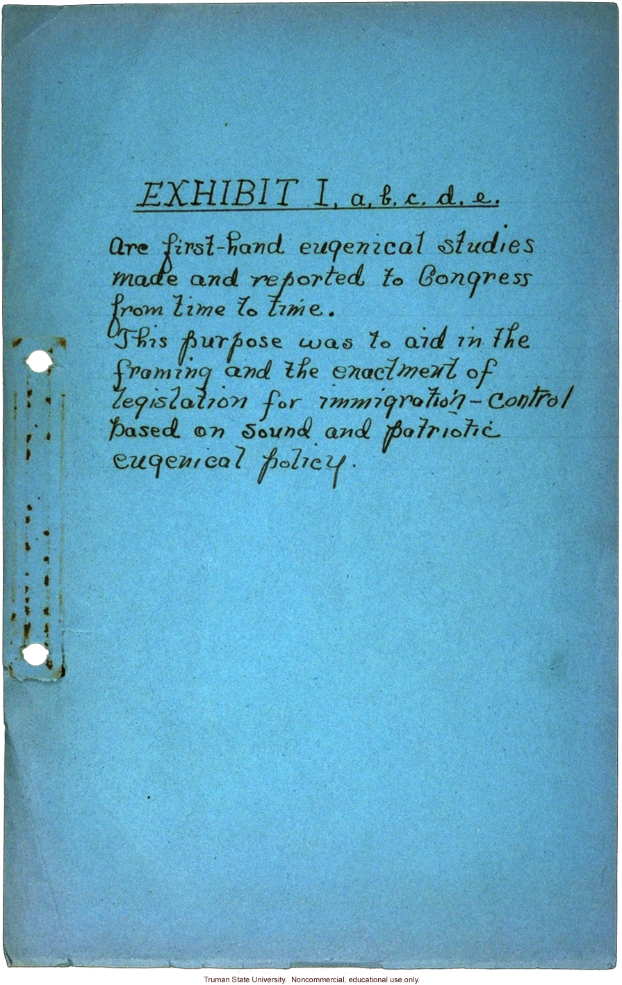 Handwritten cover to Congressional testimony 1920-24, about immigration