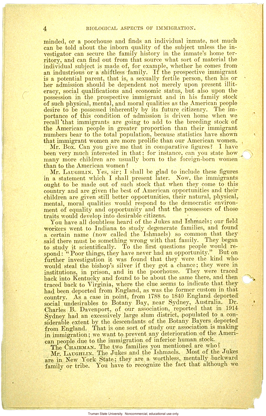 &quote;Biological aspects of immigration,&quote; Harry H. Laughlin testimony before the House Committee on Immigration and Naturalization