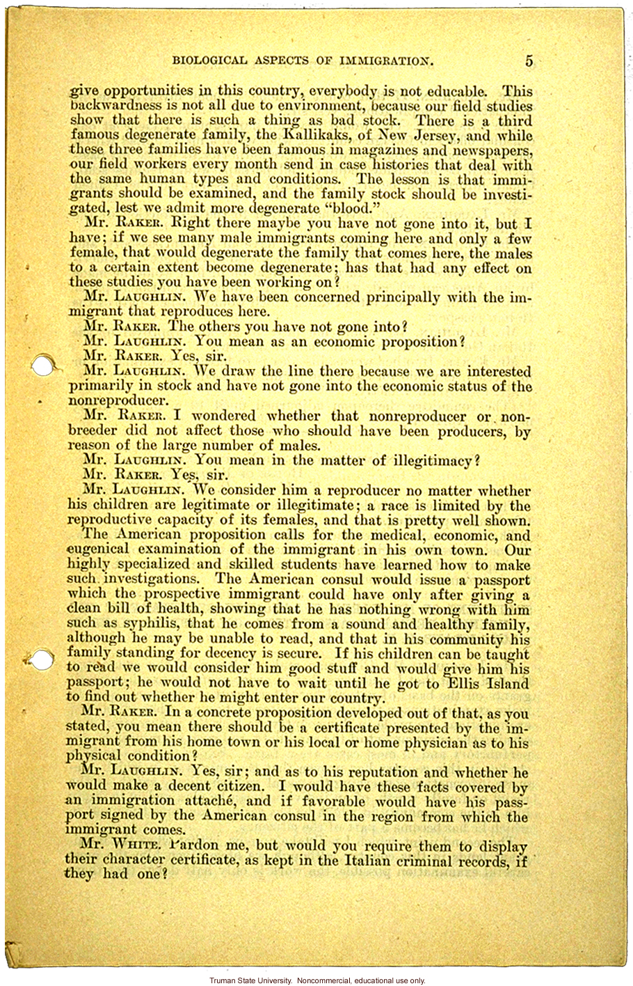 &quote;Biological aspects of immigration,&quote; Harry H. Laughlin testimony before the House Committee on Immigration and Naturalization