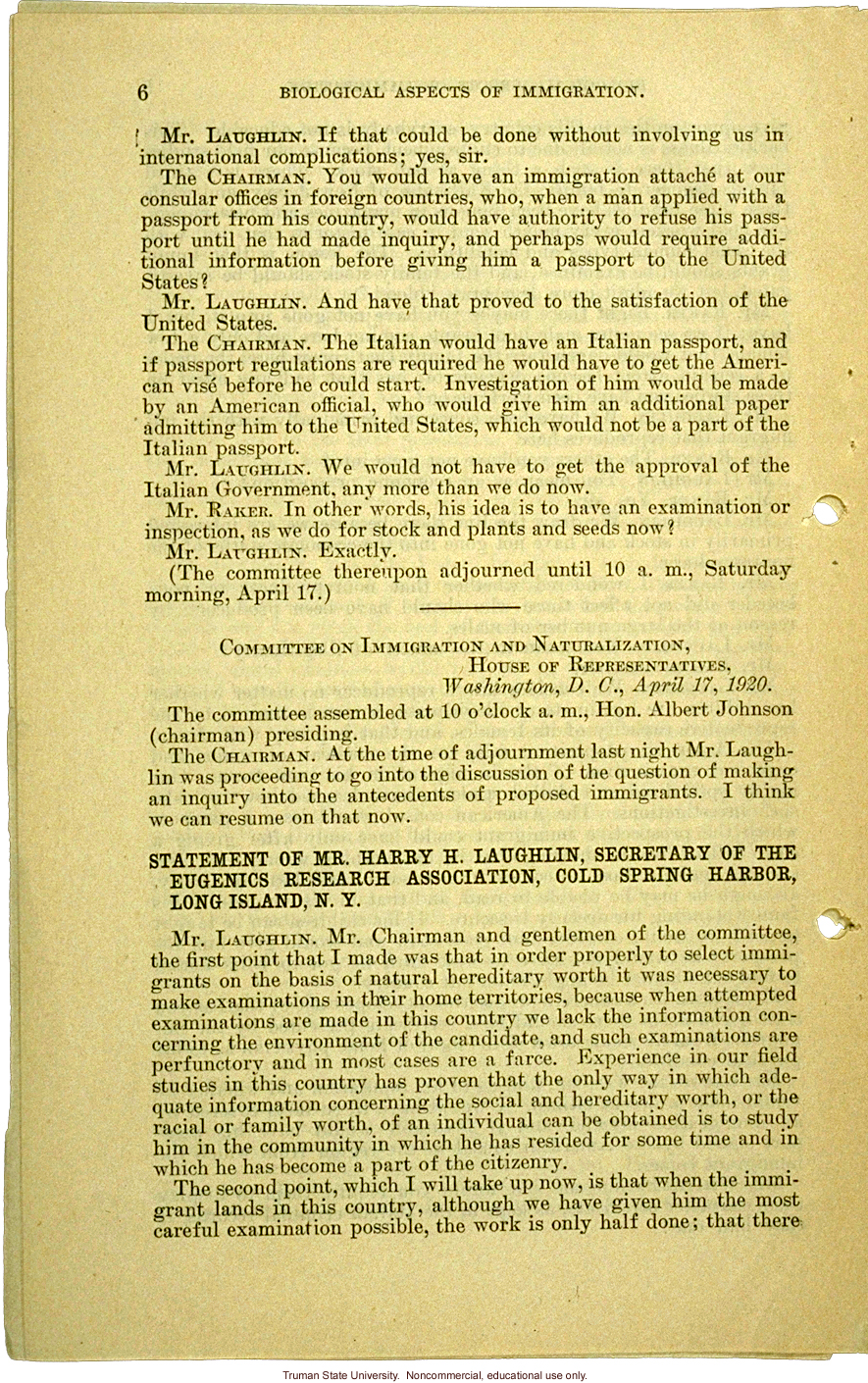 &quote;Biological aspects of immigration,&quote; Harry H. Laughlin testimony before the House Committee on Immigration and Naturalization