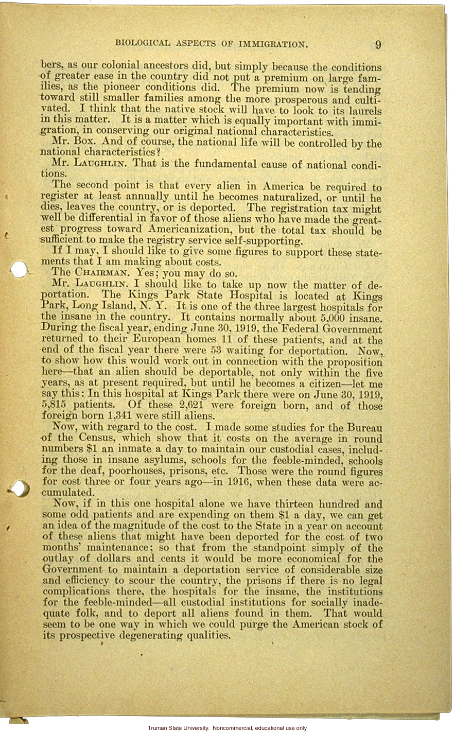 &quote;Biological aspects of immigration,&quote; Harry H. Laughlin testimony before the House Committee on Immigration and Naturalization