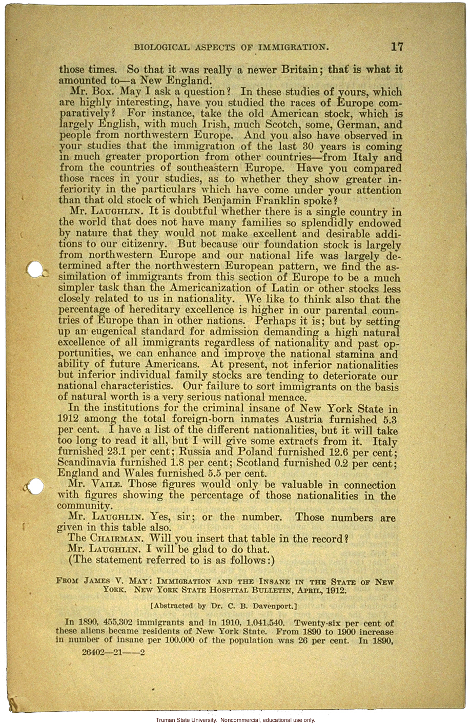 &quote;Biological aspects of immigration,&quote; Harry H. Laughlin testimony before the House Committee on Immigration and Naturalization