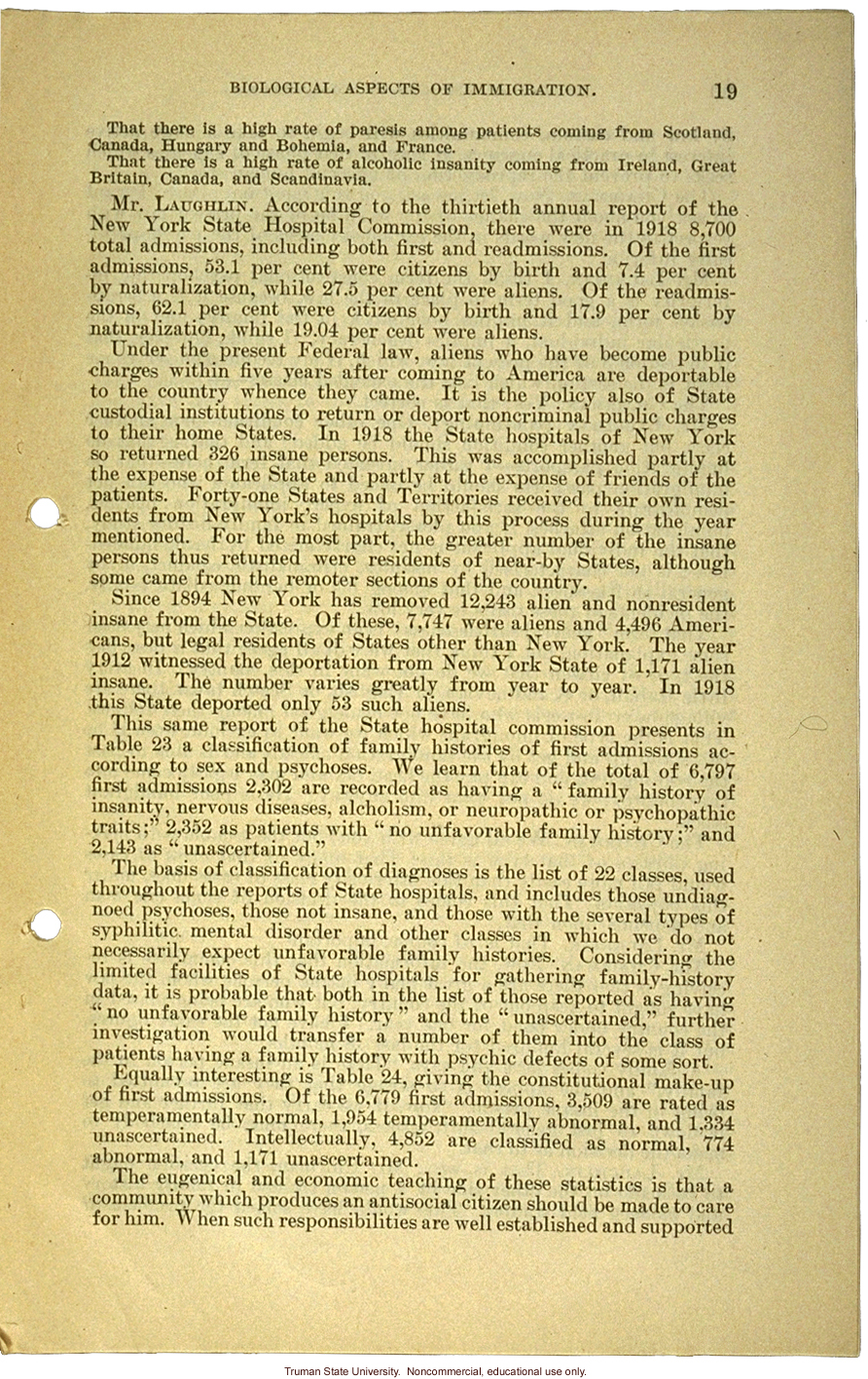 &quote;Biological aspects of immigration,&quote; Harry H. Laughlin testimony before the House Committee on Immigration and Naturalization