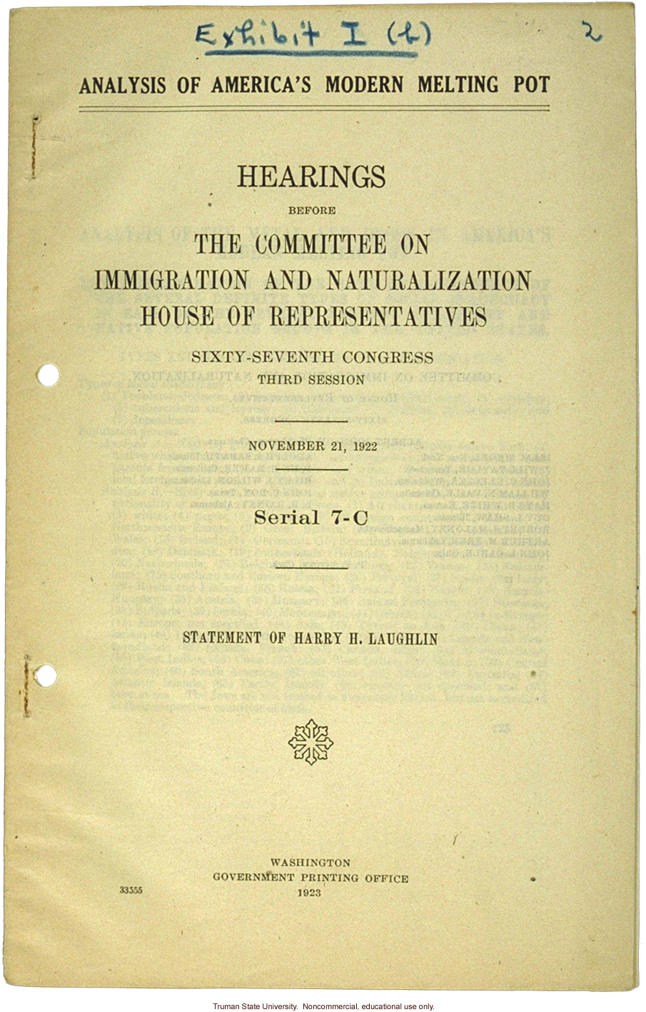 &quote;Analysis of America's Modern Melting Pot,&quote; Harry H. Laughlin testimony before the House Committee on Immigration and Naturalization