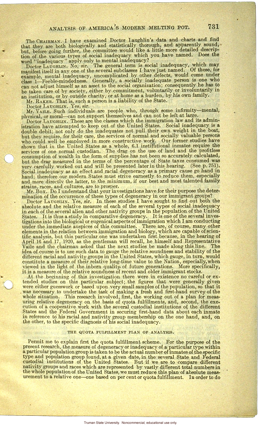 &quote;Analysis of America's Modern Melting Pot,&quote; Harry H. Laughlin testimony before the House Committee on Immigration and Naturalization