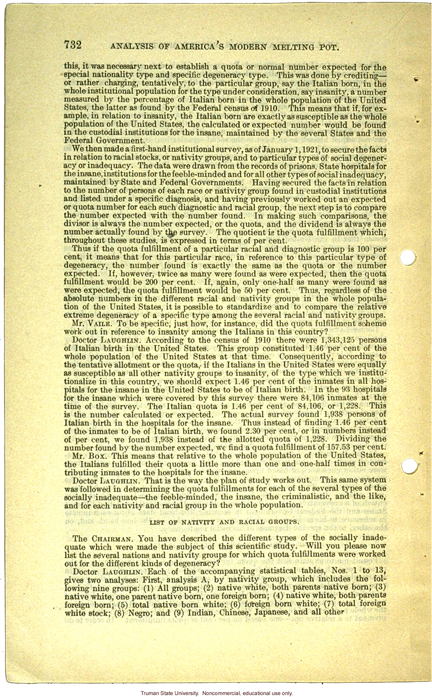 &quote;Analysis of America's Modern Melting Pot,&quote; Harry H. Laughlin testimony before the House Committee on Immigration and Naturalization