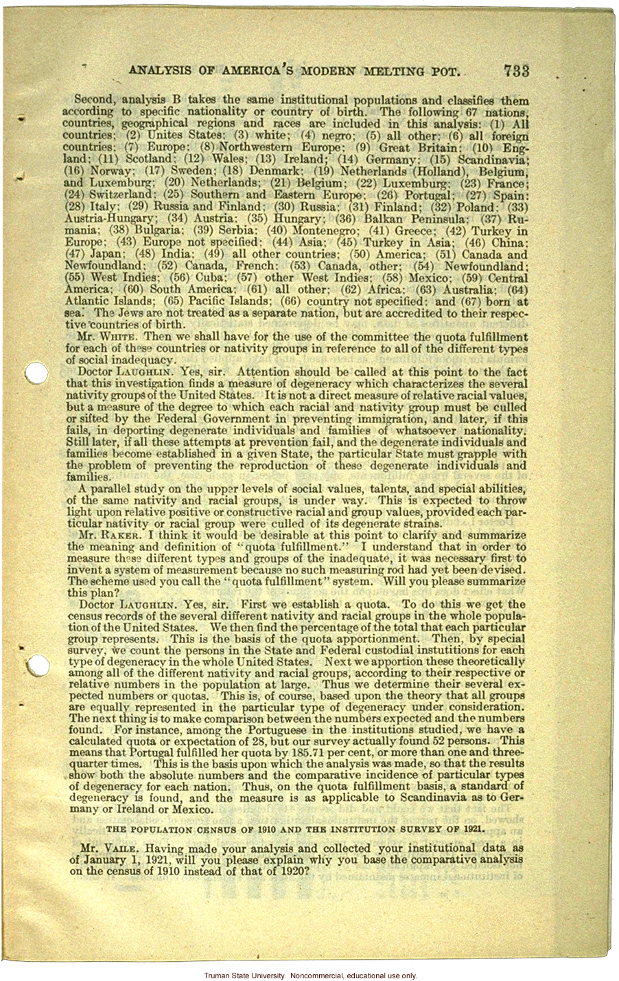 &quote;Analysis of America's Modern Melting Pot,&quote; Harry H. Laughlin testimony before the House Committee on Immigration and Naturalization