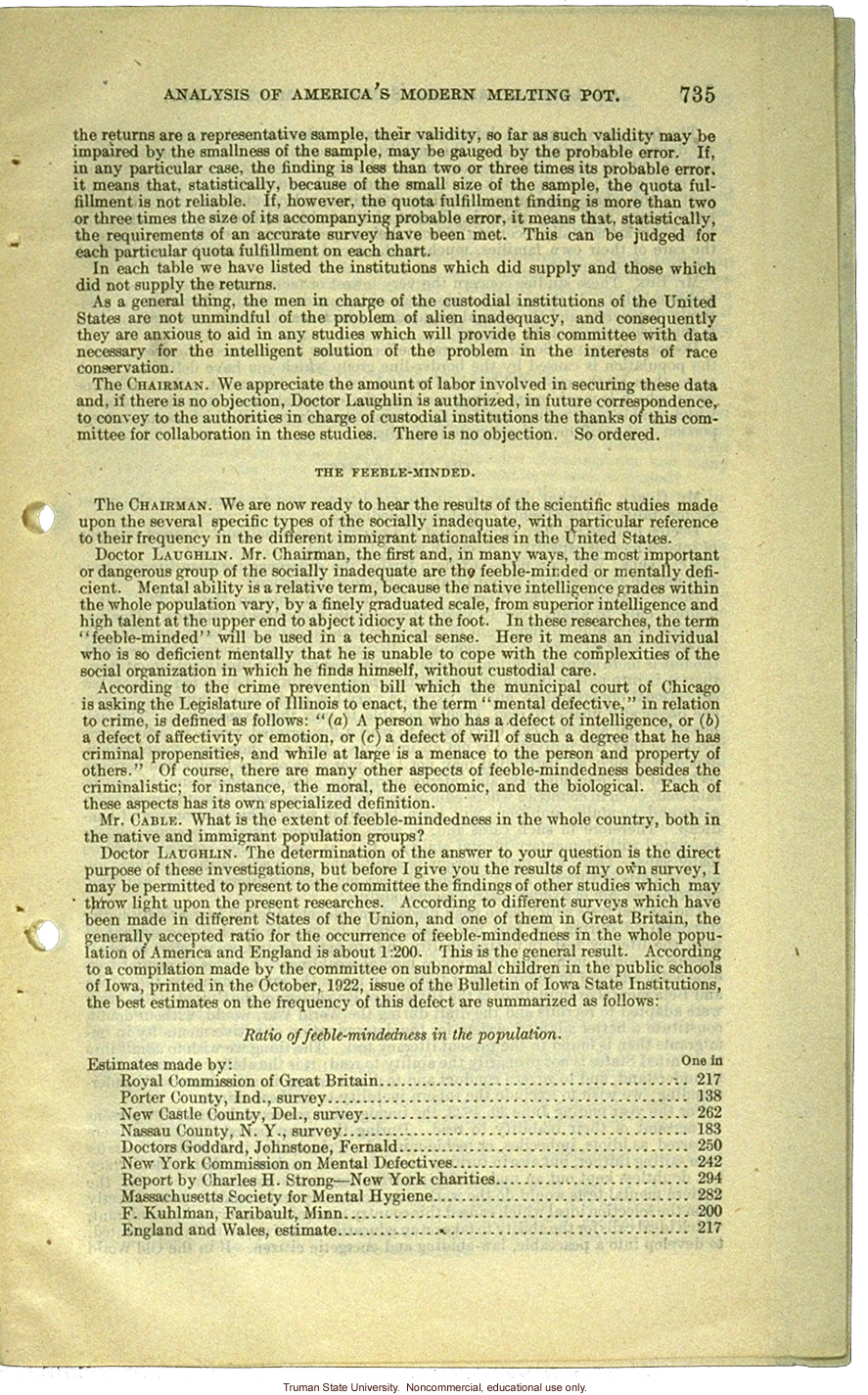 &quote;Analysis of America's Modern Melting Pot,&quote; Harry H. Laughlin testimony before the House Committee on Immigration and Naturalization