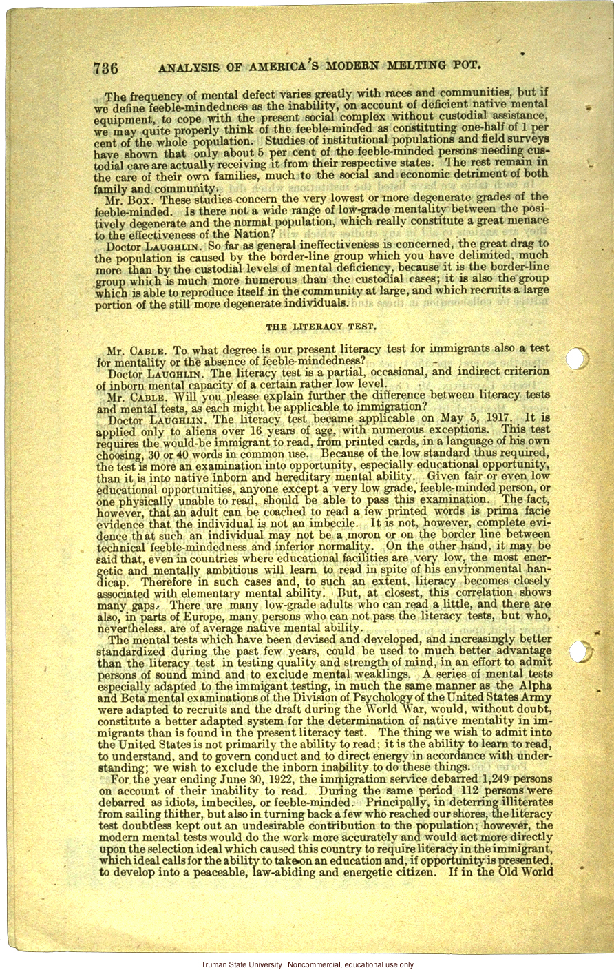 &quote;Analysis of America's Modern Melting Pot,&quote; Harry H. Laughlin testimony before the House Committee on Immigration and Naturalization